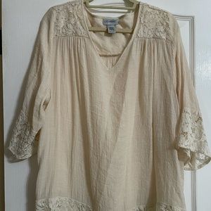 Catherines 1X Cream Gauze Lace Shirt 3/4 Sleeve